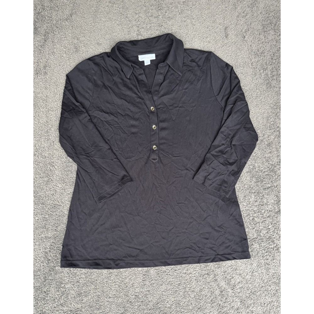 Charter Club Black 100% Supima Cotton 3/4 Sleeve Polo Top Small Gold Buttons